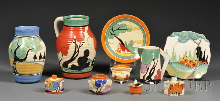 Appraisal: Ten Clarice Cliff Decorated Pottery Items Art Deco pottery Staffordshire