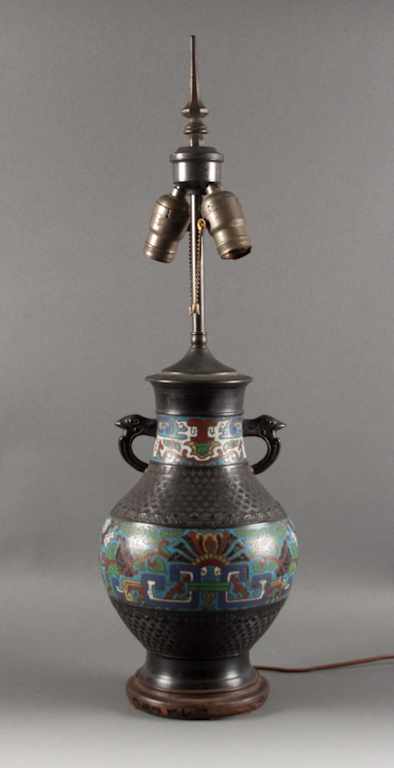 Appraisal: Chinese cloisonne banded bronze vase mounted as a lamp bird