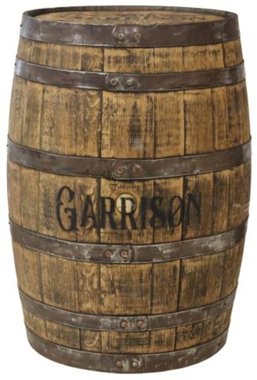 Appraisal: Oak stave barrel keg with iron banding stenciled The Garrison