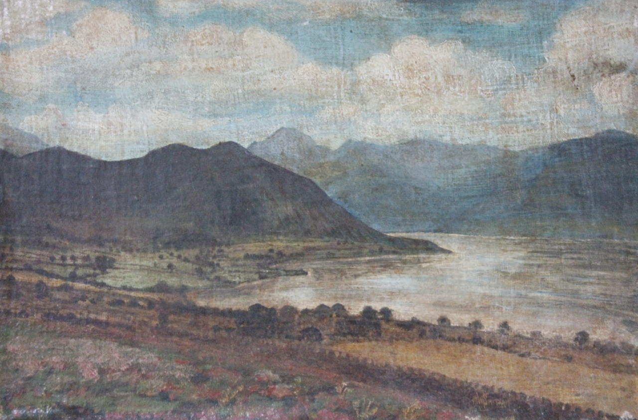 Appraisal: MW Smitham thC School Mountainous landscape with clouds gathering oil