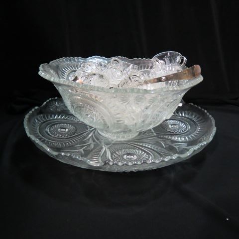 Appraisal: Pressed Glass Punchbowl with Tray cups and a silverplate ladle