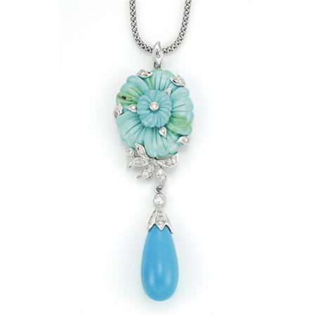 Appraisal: White Gold Diamond and Turquoise Pendant-Necklace Estimate -