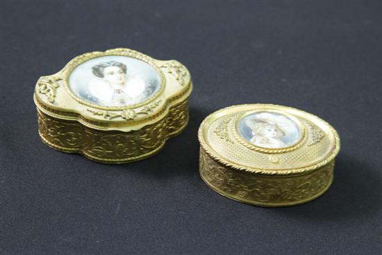 Appraisal: TWO GILT BRONZE TRINKET BOXES WITH MINIATURE PORTRAITS Including one