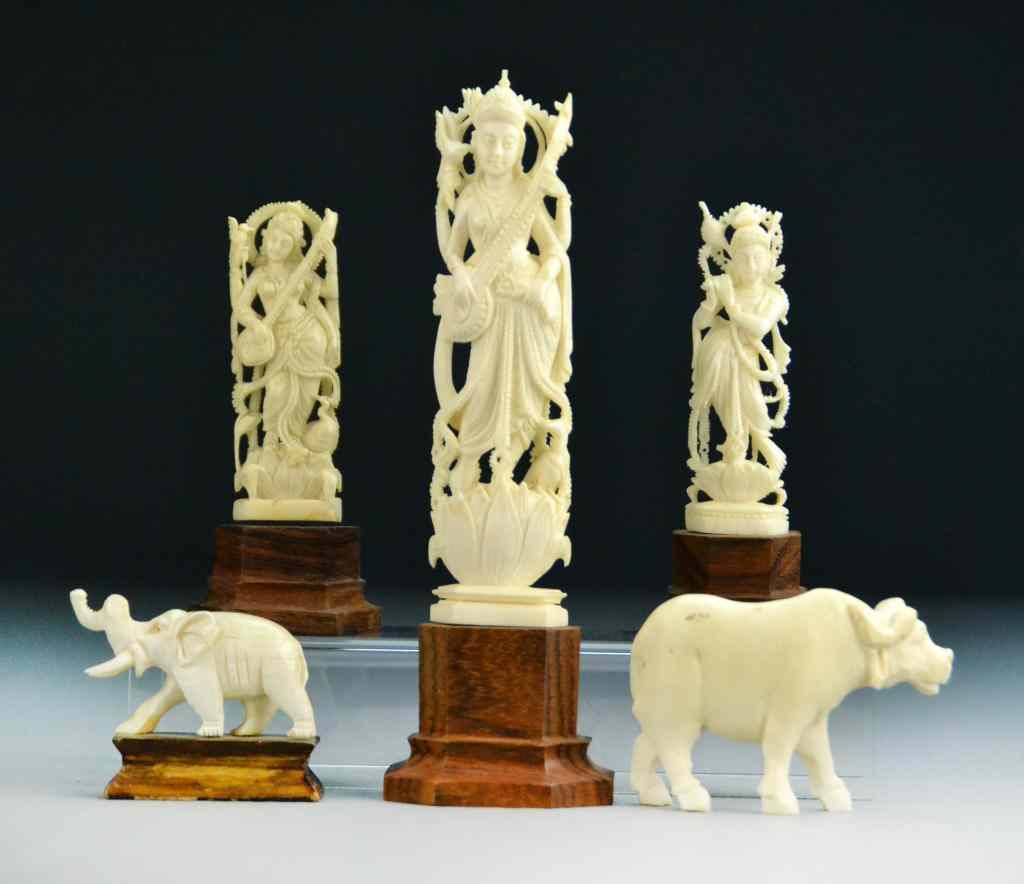 Appraisal: Indian Carved IvoriesTo include three goddess together with a water