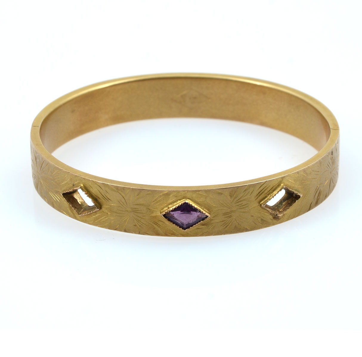 Appraisal: GRAM K BANGLE WITH AMETHYSTS '' wide hinged bangle with