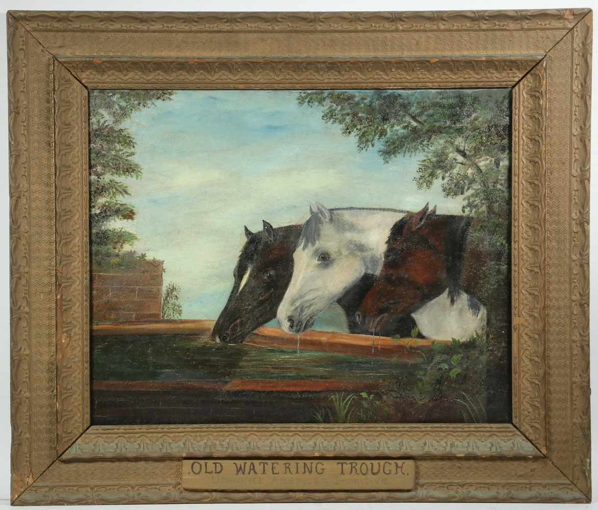 Appraisal: UNSIGNED AMERICAN PRIMITIVE PAINTING Old Water Trough depicting three horses