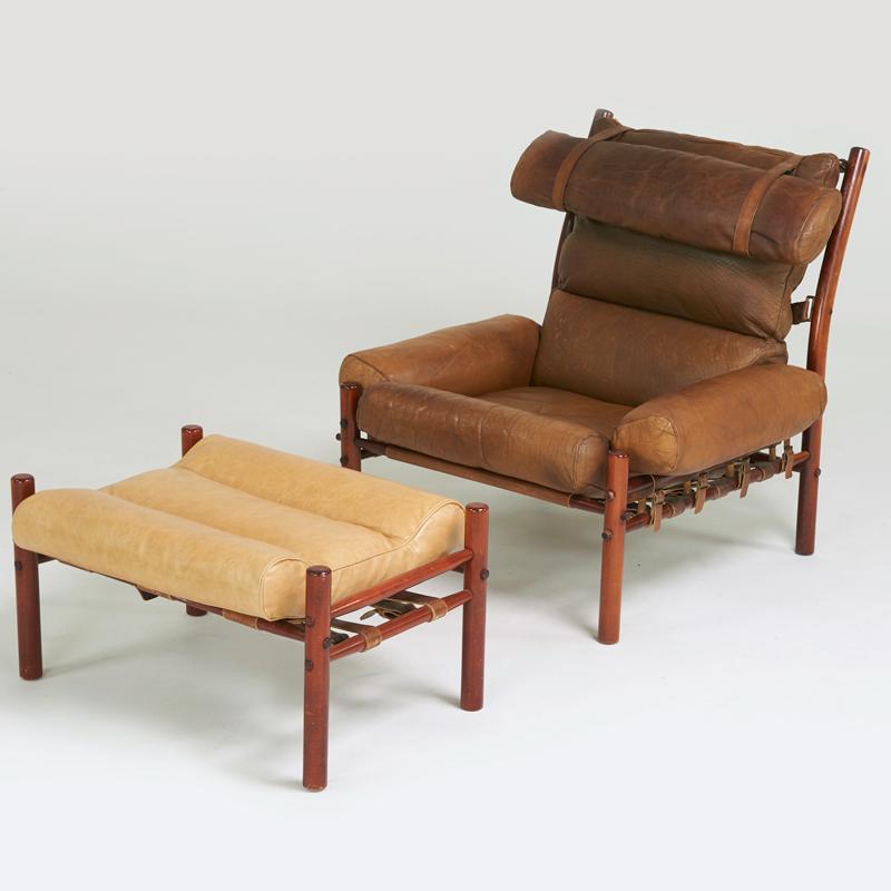 Appraisal: ARNE NORELL Inka chair and ottoman Sweden ca Leather stained