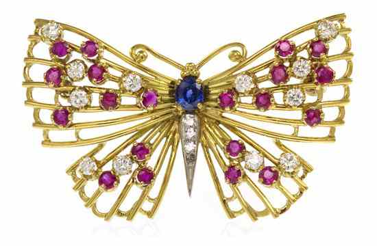 Appraisal: An Karat Yellow Gold Diamond Ruby and Sapphire Butterfly Brooch