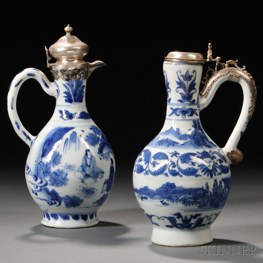 Appraisal: Two Silver-mounted Blue and White Jugs China Netherlands th century