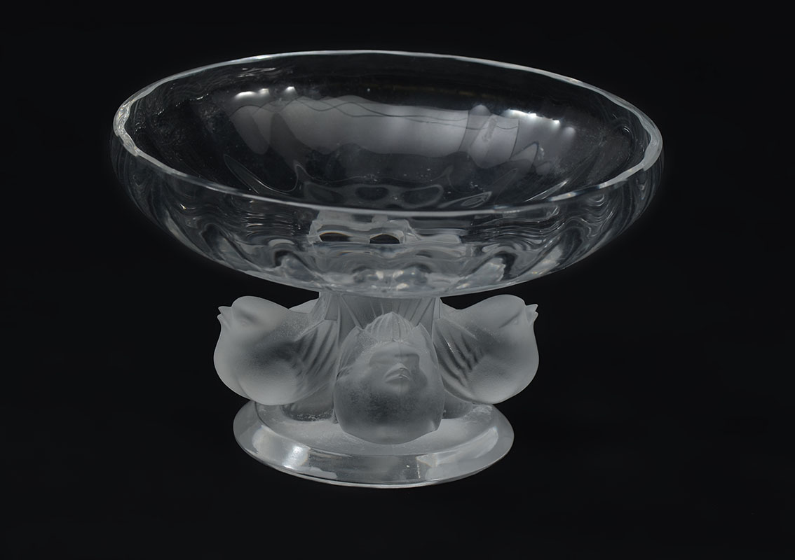 Appraisal: LALIQUE NOGENT FIGURAL CRYSTAL COMPOTE Ribbed bowl frosted bird support