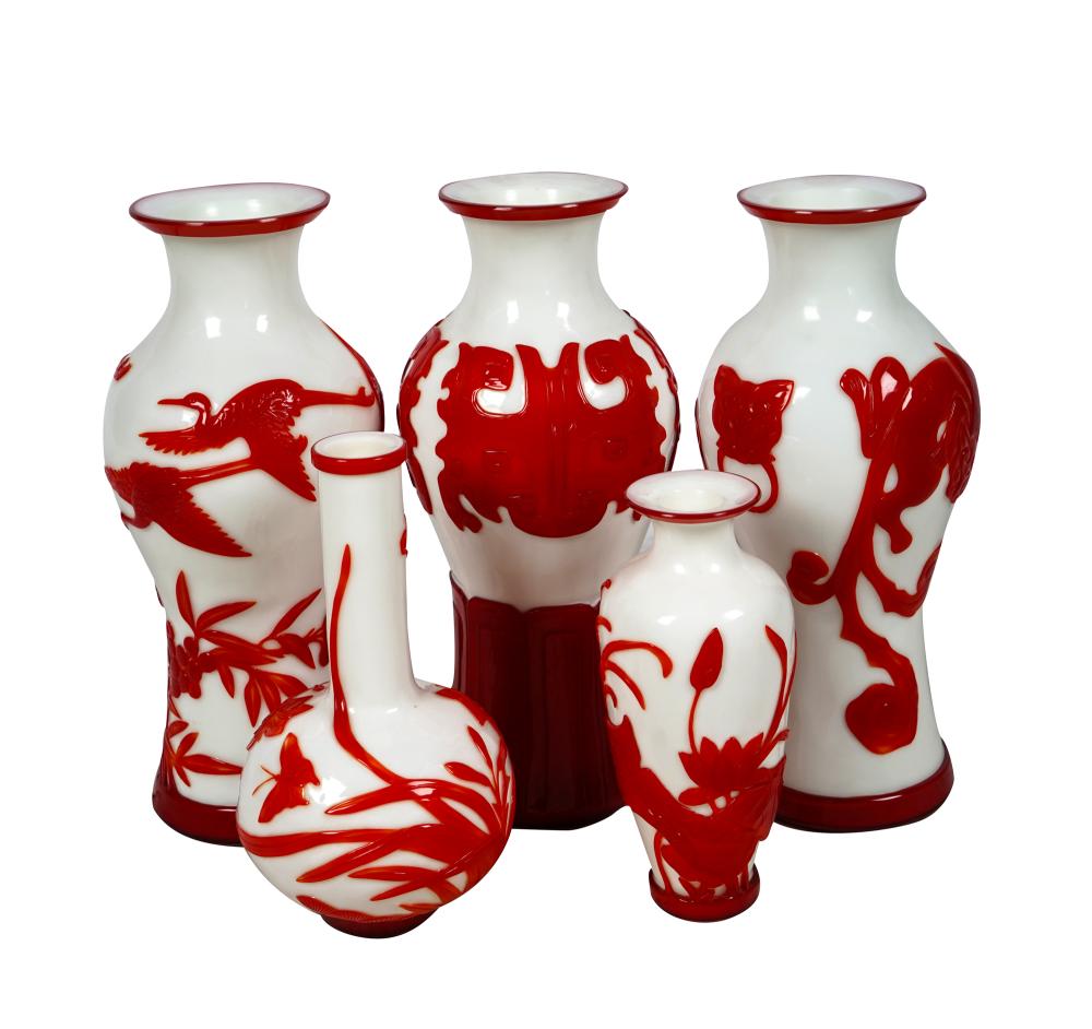 Appraisal: FIVE CHINESE RED WHITE PEKING GLASS VASESProvenance Estate of Donald