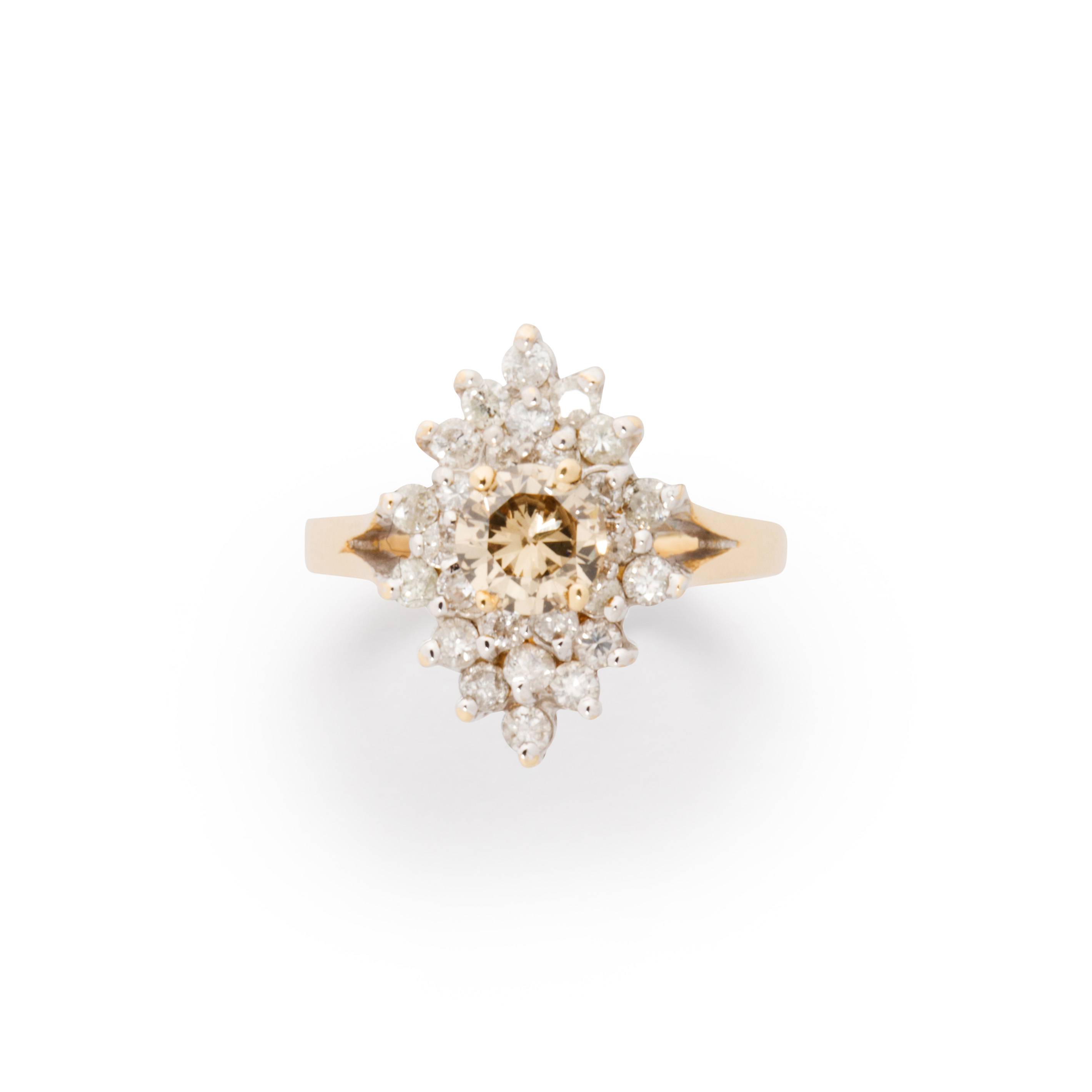 Appraisal: A CHAMPAGNE DIAMOND DIAMOND AND FOURTEEN KARAT GOLD RING A