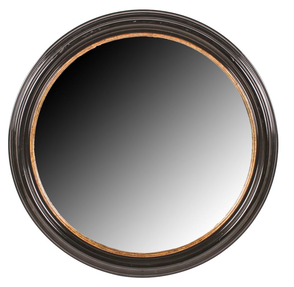 Appraisal: EBONY GILT WOOD WALL MIRRORwith beveled glass plate Condition with