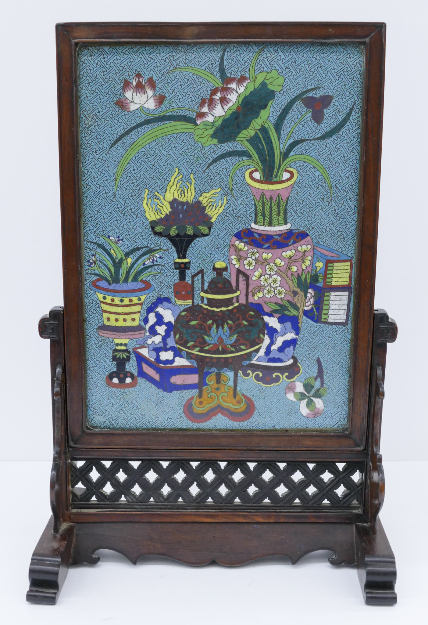 Appraisal: Chinese Qing Cloisonne Precious Objects Table Screen ''x ''x ''