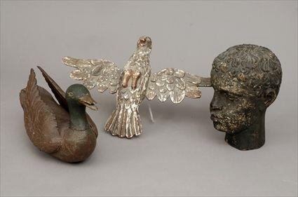 Appraisal: Two Carved Wood Bird Figures and a Carved Bust of