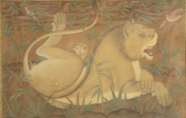 Appraisal: AN INDIAN PAINTING of a lioness with birds in a