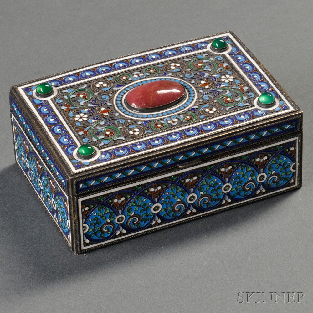 Appraisal: Russian Silver Cloisonn and Hardstone-mounted Box Moscow - Ivan Sergeyevich