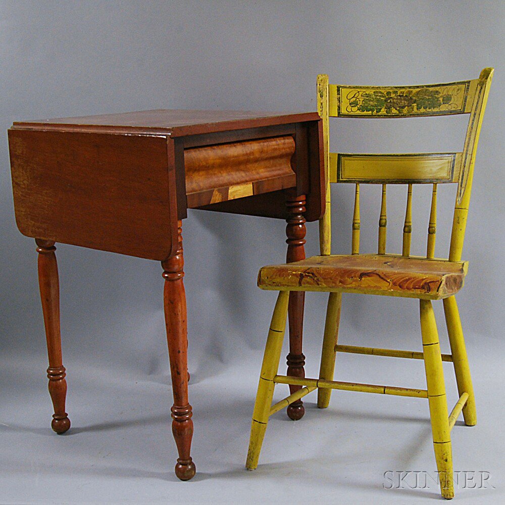 Appraisal: Paint-decorated Thumb-back Windsor Side Chair and a One-drawer Drop-leaf Stand