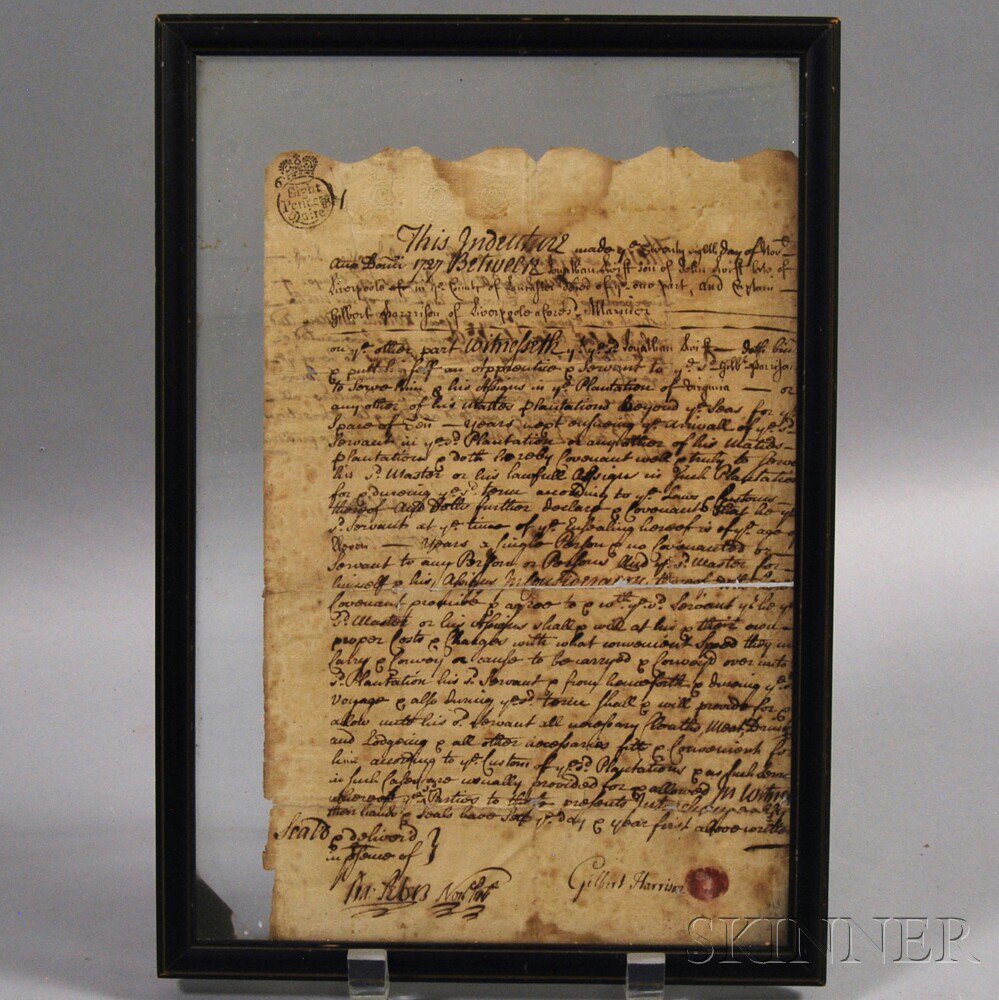 Appraisal: Framed Indenture England detailing the indenture of John Swift to