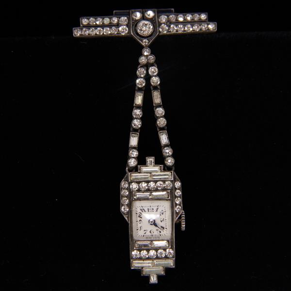 Appraisal: Art Deco Sterling Silver Rhinestone Lapel Watch jewels H x