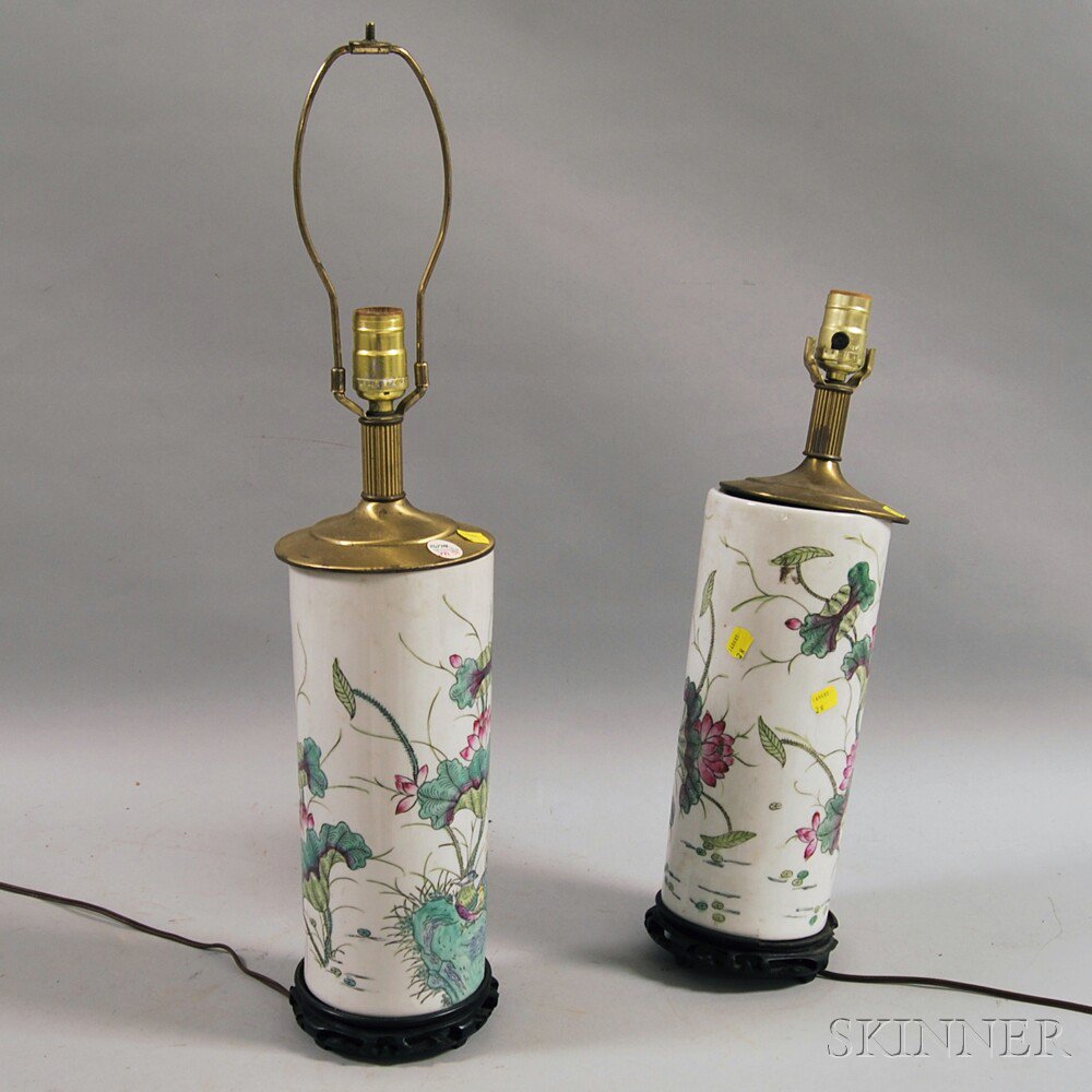 Appraisal: Pair of Asian Ceramic Vases Mounted as Lamps cylindrical white-ground