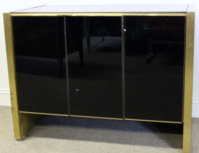 Appraisal: Maison Jansen Style Brass and Black Glass Cabinet From a