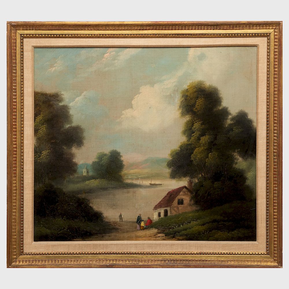 Appraisal: American School River Landscape with Figures Beside a House Oil