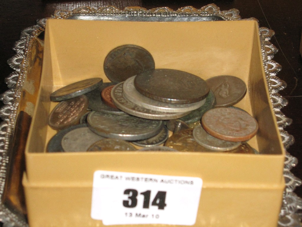 Appraisal: Lot comprising white metal tray and a box of coins