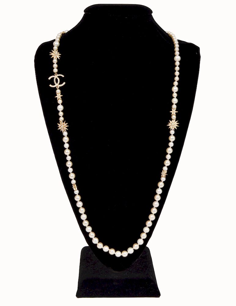 Appraisal: Chanel Faux Pearl Crystal Star Necklace Chanel long strand of