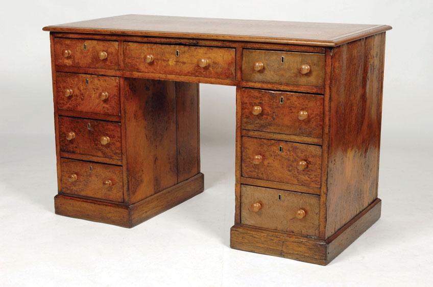 Appraisal: A VICTORIAN BURR WOOD TWIN PEDESTAL WRITING DESK the rectangular