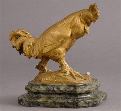 Appraisal: SANGLAN ROOSTER Gilt bronze incised signature modeled gazing downwards at