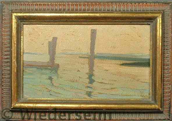 Appraisal: Oil on board painting of a small river dock signed