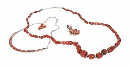 Appraisal: A Collection of Southwestern Sterling Silver and Coral Jewelry comprising