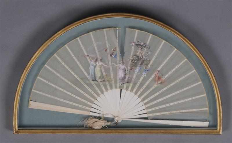 Appraisal: FRENCH WATERCOLOR ON GAUZE FAN Signed L Boillat showing three