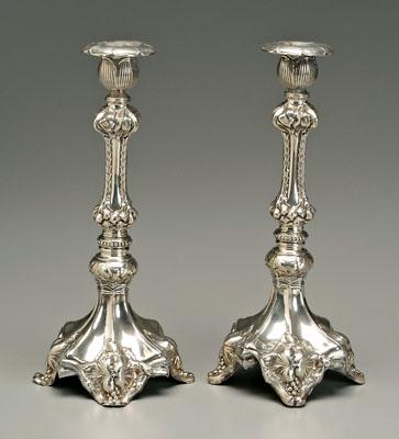 Appraisal: Pair silver candlesticks lotus grape and vine decoration twig feet