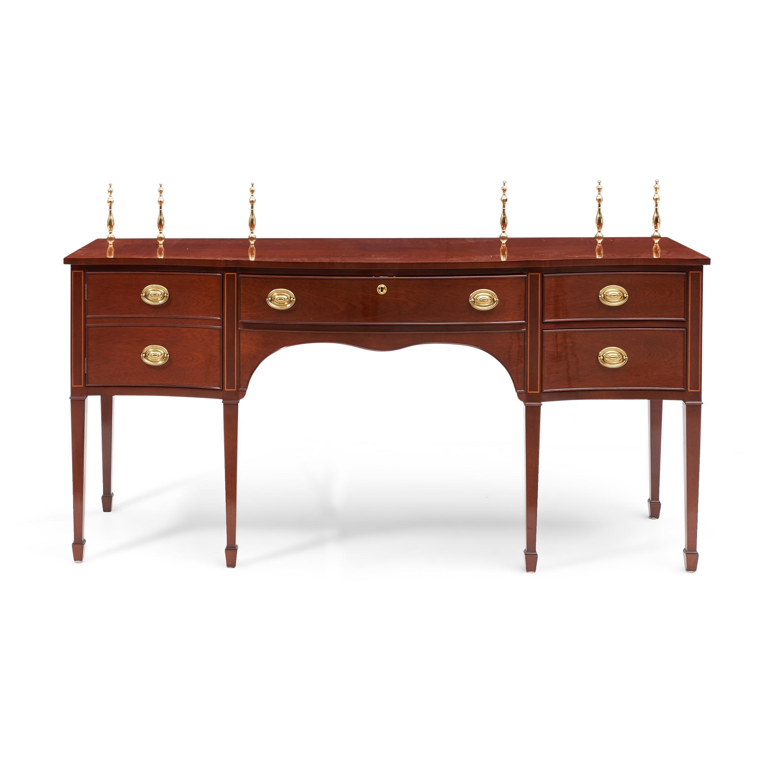 Appraisal: KINDEL GEORGIAN-STYLE MAHOGANY SIDEBOARD with brass drawer pulls and finials