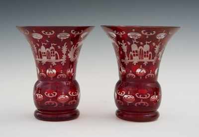 Appraisal: A Pair of Bohemian Cut-to-Clear Ruby Red Vases th Century