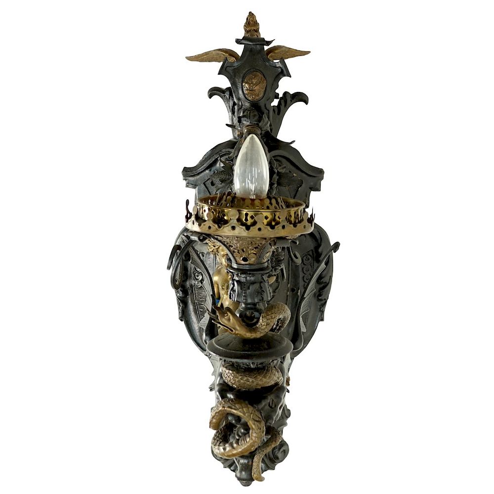 Appraisal: Bronze Angel Dragon Sconce Large Renaissance style painted and gilt