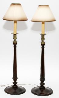 Appraisal: ELECTRIFIED CANDLESTICK STYLE OAK AND BRASS LAMPS ELECTRIFIED CANDLESTICK STYLE