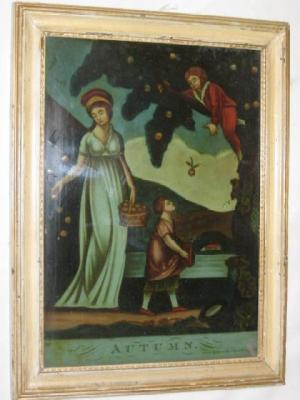 Appraisal: A REGENCY GLASS PICTURE Autumn reverse printed and depicting a