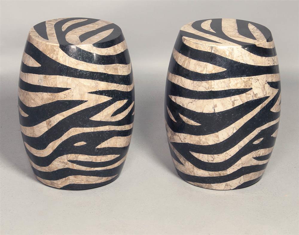 Appraisal: PAIR OF FAUX STONE ZEBRA DESIGN GARDEN STOOLS possibly veneer