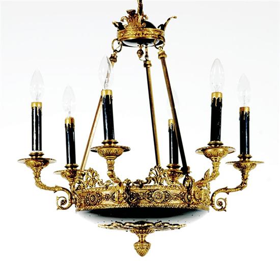 Appraisal: Empire style black lacquer and brass six-light chandelier tiered canopies