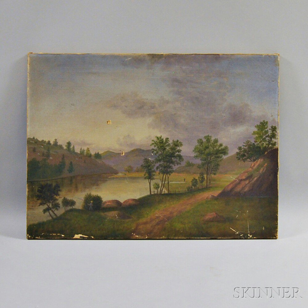 Appraisal: American School th Century Riverside Path Unsigned Oil on canvas