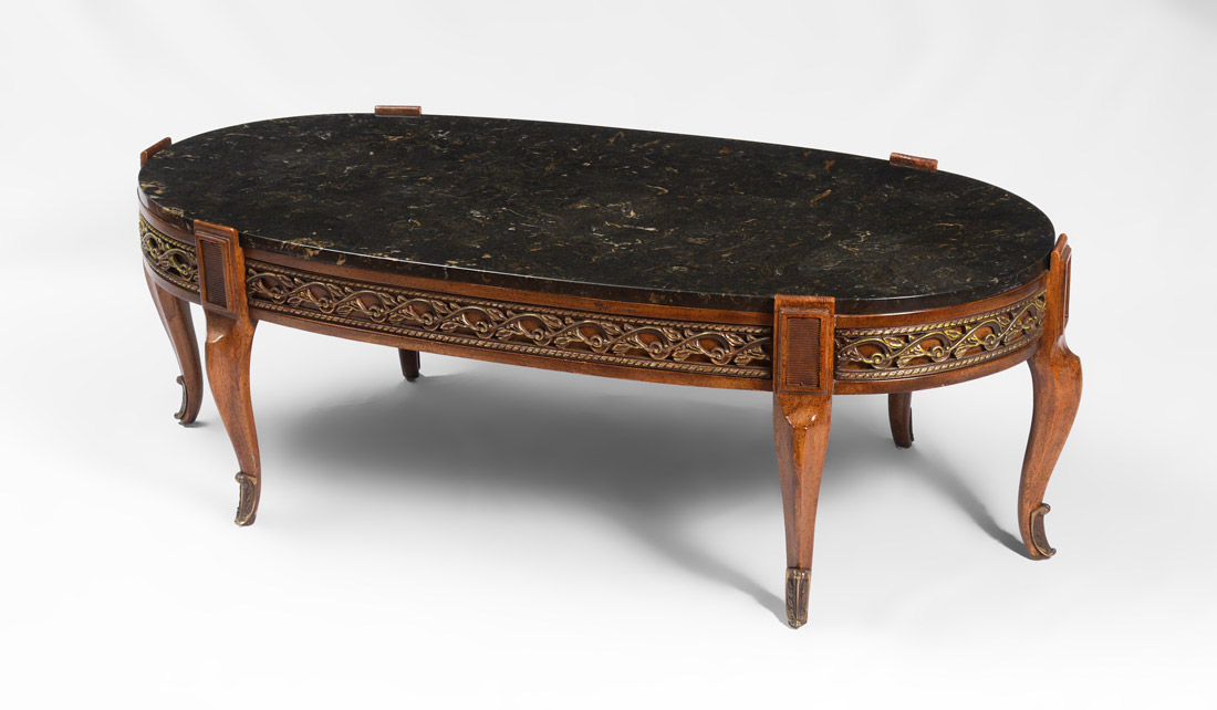 Appraisal: METAL MOUNTED MARBLE TOP COFFEE TABLE Oval variegated inset black