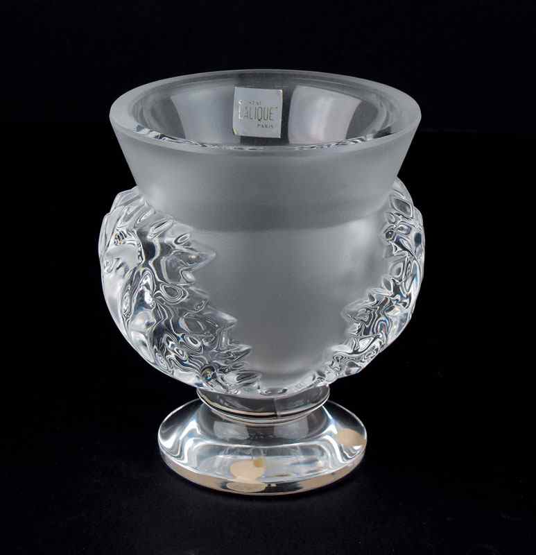 Appraisal: LALIQUE FRENCH CRYSTAL VASE Frosted with clear crystal acanthus leaves