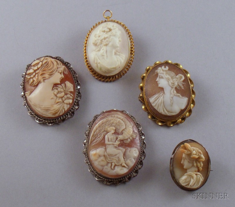 Appraisal: Five Assorted Shell-carved Cameos including depictions of Diana Flora Ceres