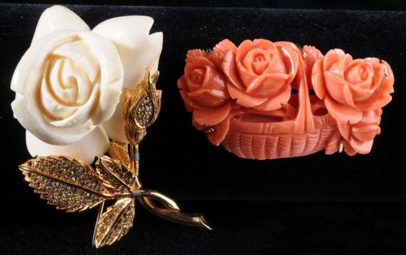 Appraisal: Carved Coral Flower Basket Nettie Rosenstein Pin Description Carved coral