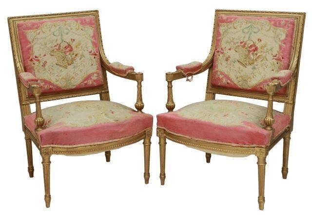 Appraisal: pair French Louis XVI style giltwood framed armchairs th c