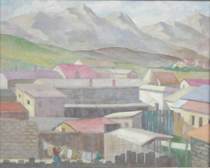 Appraisal: Paul Winchell American th Century Village with Mountains Oil on