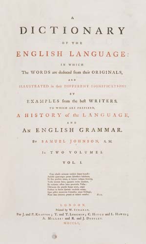 Appraisal: JOHNSON SAMUEL A Dictionary of the English Language volumes Folio